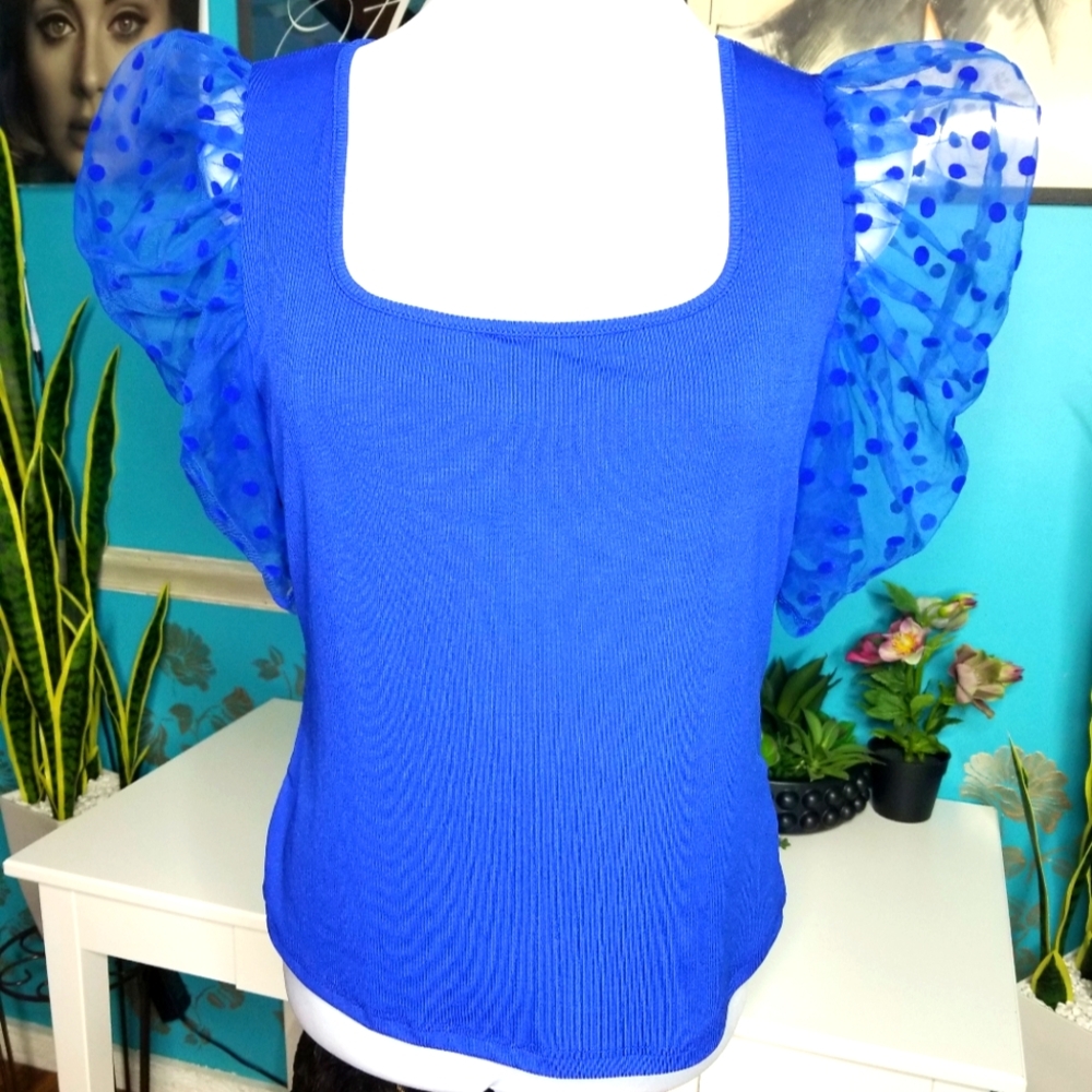 Verdusa Blue Polka Dot Puff Sleeve Top